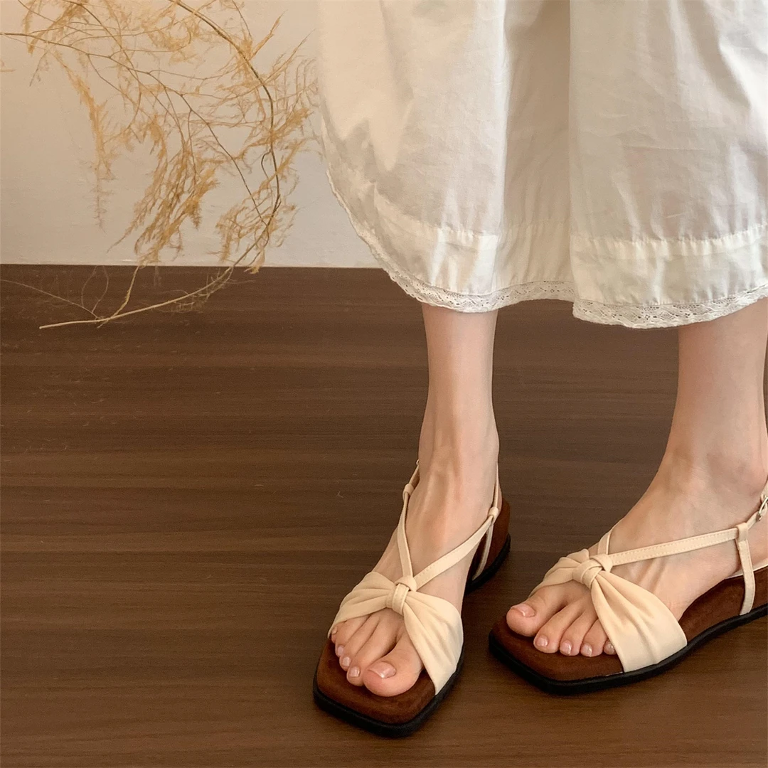 欢梨"4CM厚底"森系复古蝴蝶结凉鞋女夏外穿一字带软底度假凉拖鞋