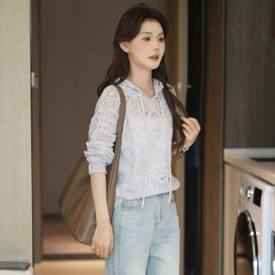 【镂空设计】2025春季新款时尚气质百搭重工长袖毛衣帽衫女