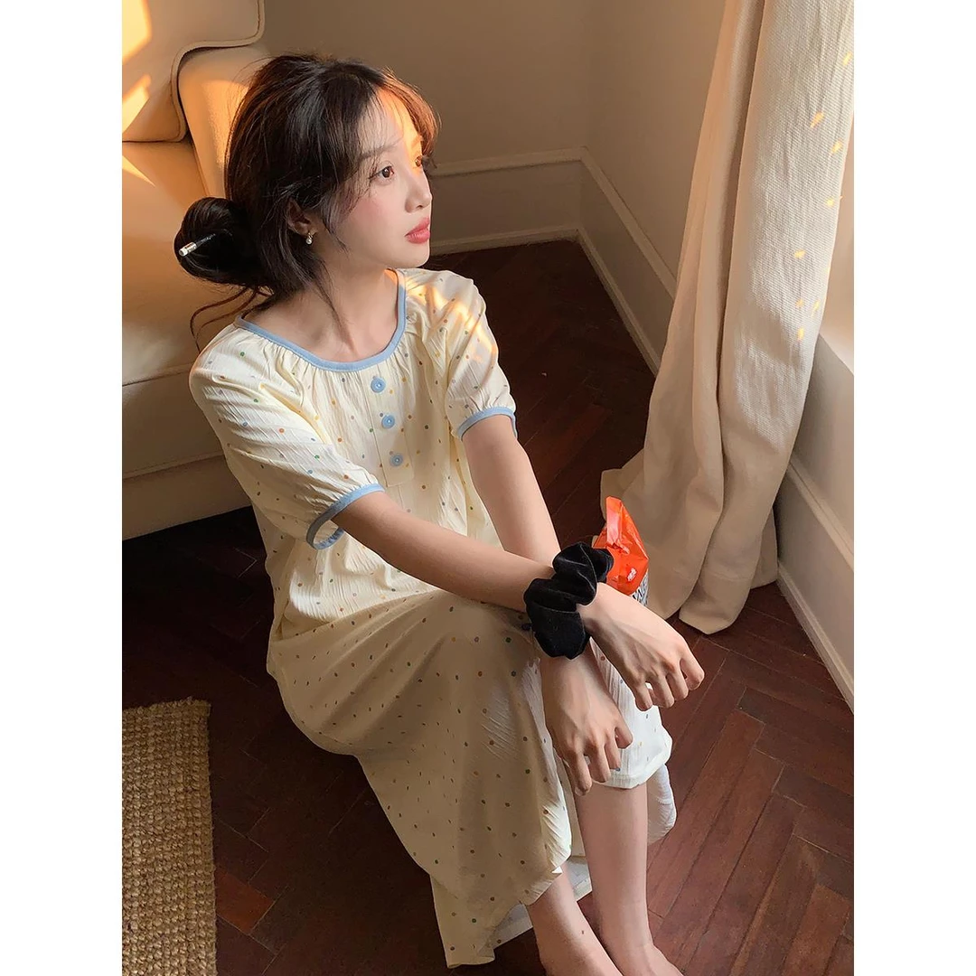 撞色波点可爱睡裙短袖透气肌理感家居裙睡衣女夏