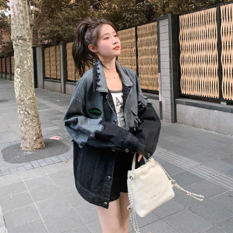 甜酷风流苏拼接牛仔外套女2025春秋新款复古港风氛围感拼色短夹克