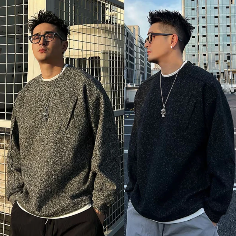 冬季磨毛假两件圆领休闲卫衣男高档重磅绵羊毛拼接软糯长袖打底衫