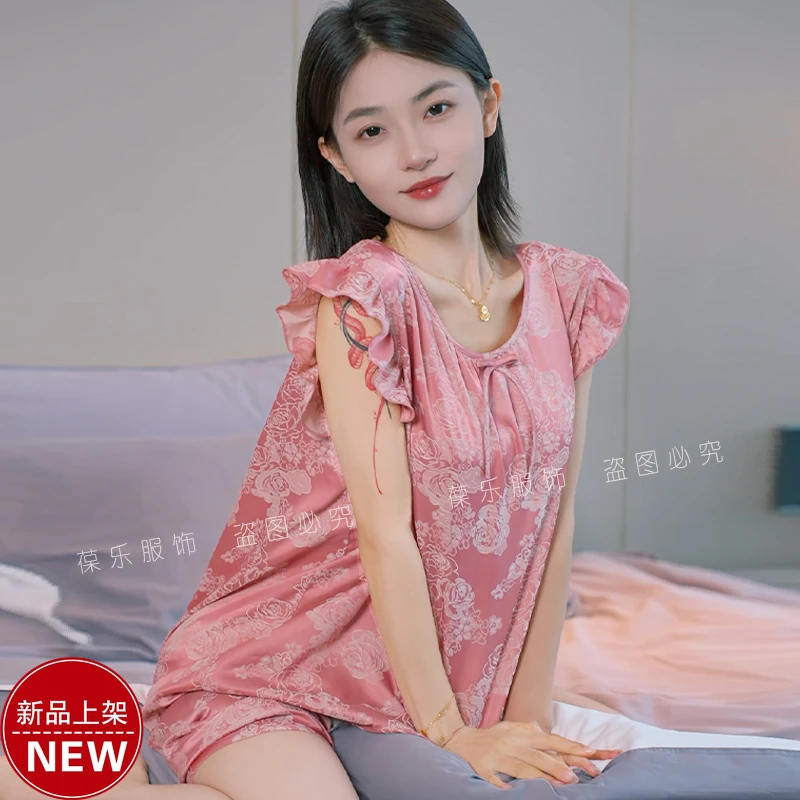 【轻奢品质】圆领木耳边夏季碎花连衣裙高档质感睡衣睡裙冰丝透气