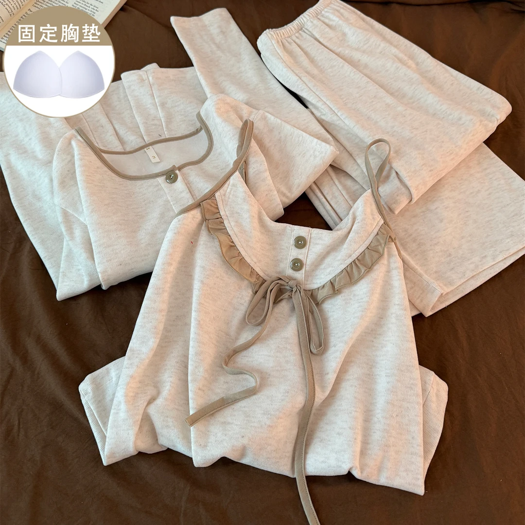 羊绒带胸垫吊带睡衣女生新款秋冬季加厚保暖开衫长袖三件套家居服