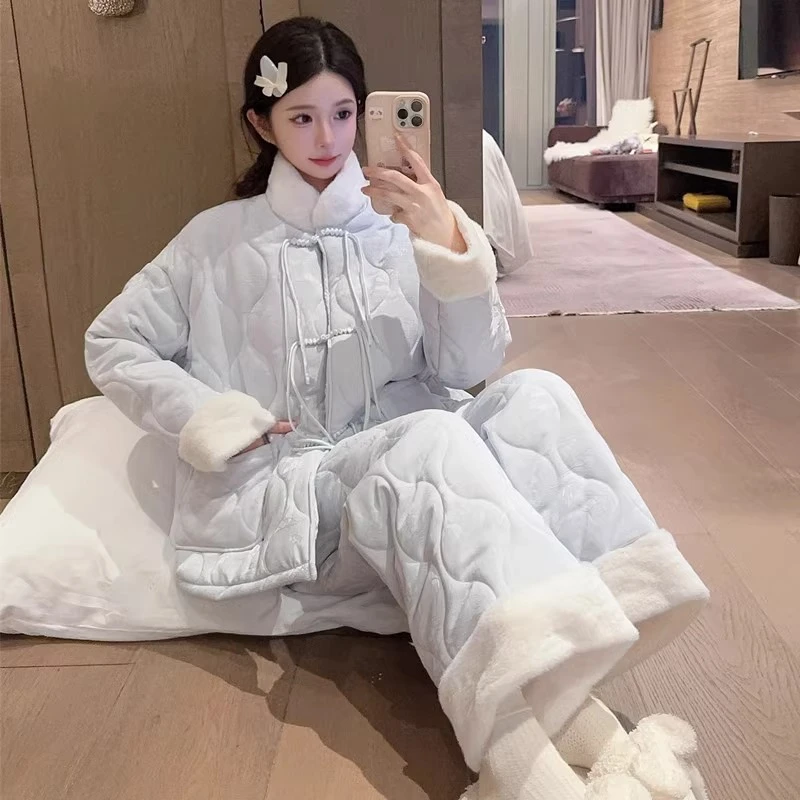 2025新款中式睡衣女冬季三层夹棉袄加绒加厚国风珊瑚绒外穿家居服