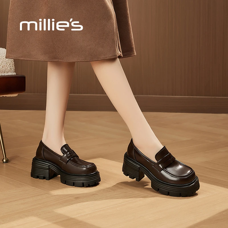 MILLIE S/妙丽英伦风乐福鞋女厚底深口单鞋2025年新款粗跟高跟鞋