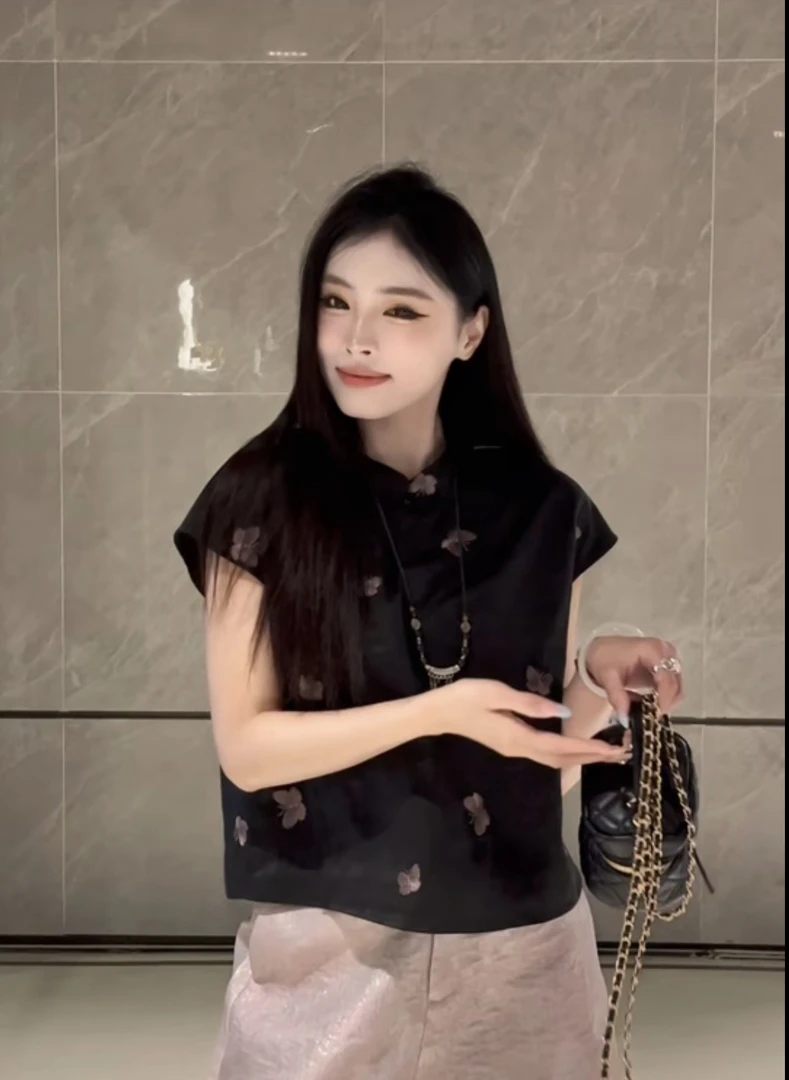 新中式国风复古刺绣蝴蝶黑色衬衫女夏款气质显瘦百搭小上衣2586#
