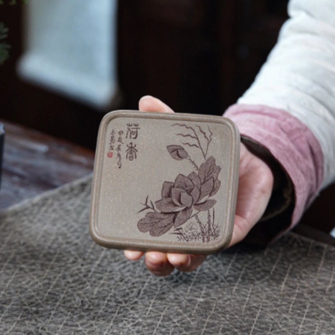 中式紫砂小型干泡台手刻荷花茶道个性可养茶盘家用养壶托盘茶具