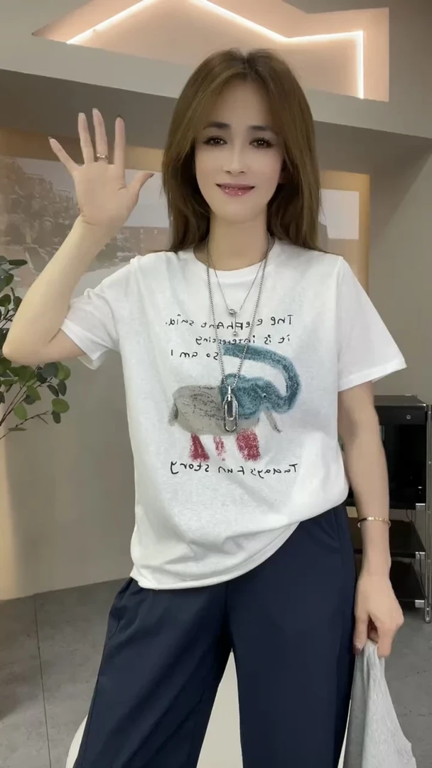 2025夏季新款复古小象字母印花短袖T恤女休闲百搭上衣潮