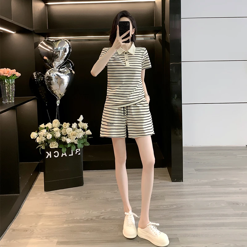 夏季新款条纹polo领时尚休闲运动套装短袖短裤宽松显瘦减龄女潮