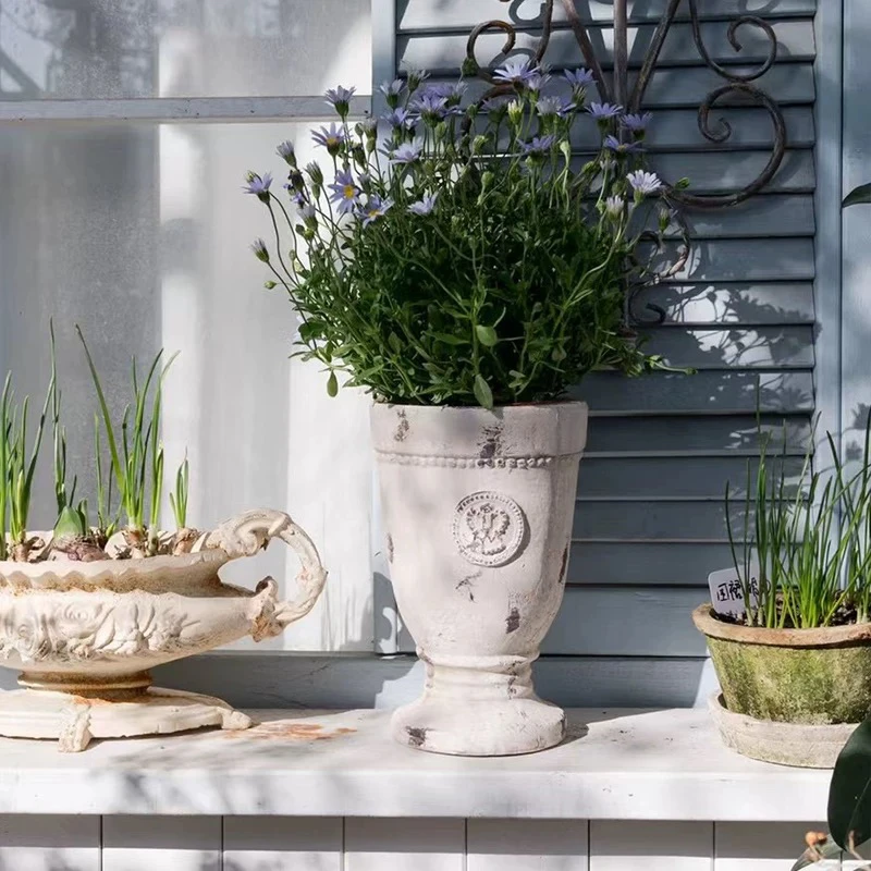 【南乔花园】手工手压陶盆透水透气复古白小奖杯粗陶花盆