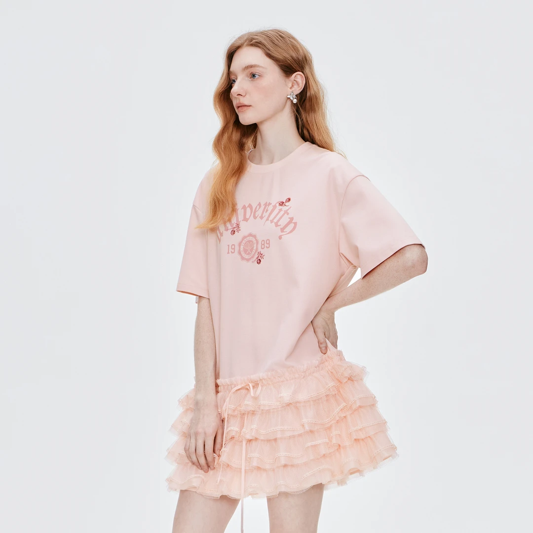 MISS COCOON可可尼粉色学院风蛋糕裙2025夏季新款短袖t恤连衣裙女