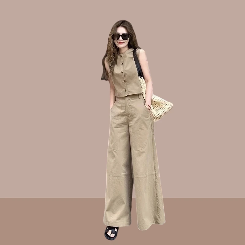 韩系气质黑色背心马甲松弛感女装套装夏季高腰宽松阔腿裤两件套