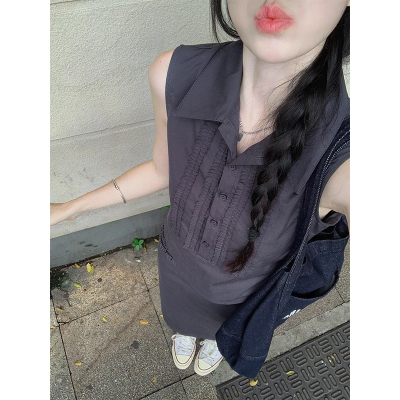 温婉大方衣服花边压褶无袖Polo衬衫背心上衣女夏季显瘦包臀半身裙