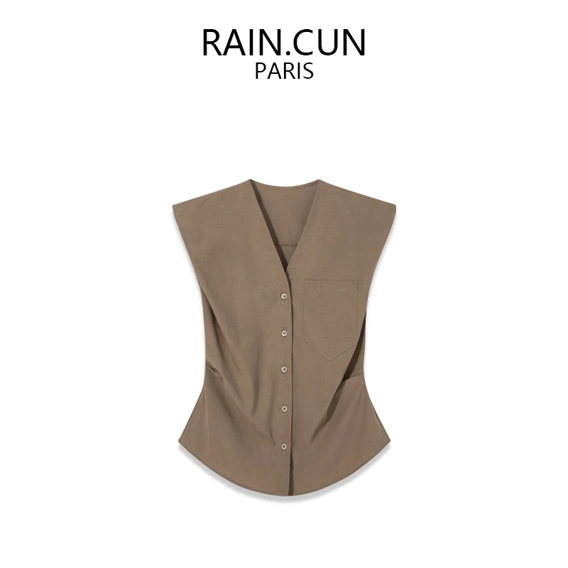 RAIN.CUN薄气质法式纯色V领飞袖衬衫夏季时尚衬衣休闲修身11748T