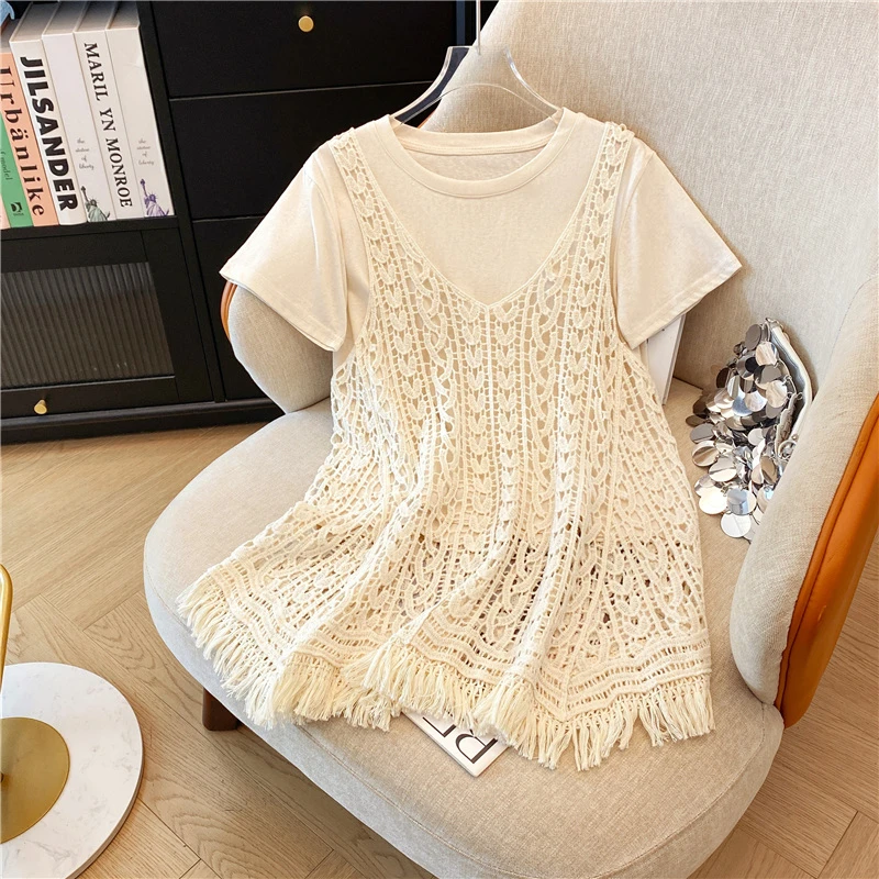 2025新款夏季大码女装胖mm别致镂空蕾丝背心叠穿短袖T恤上衣套装