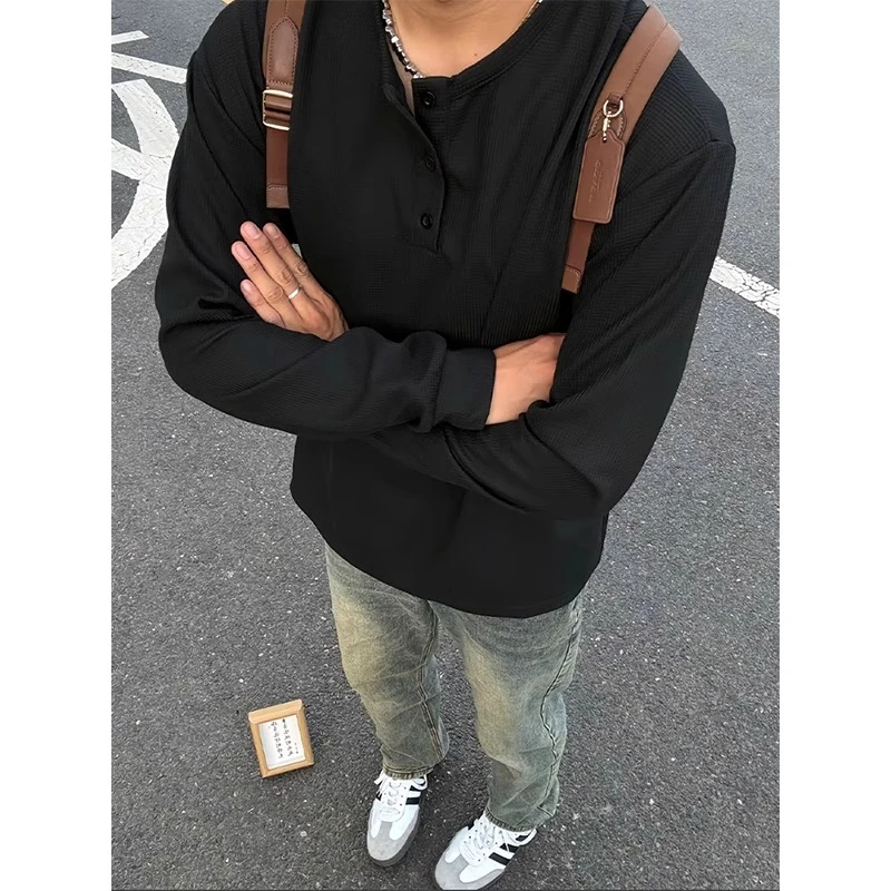 2025春秋百搭亨利领长袖T恤男士休闲运动华夫格Polo衫T恤衫上衣