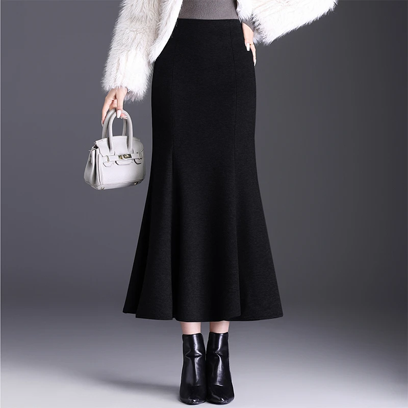百搭黑色毛呢鱼尾裙包臀半身裙中长款秋冬女高腰显瘦时尚冬裙冬季