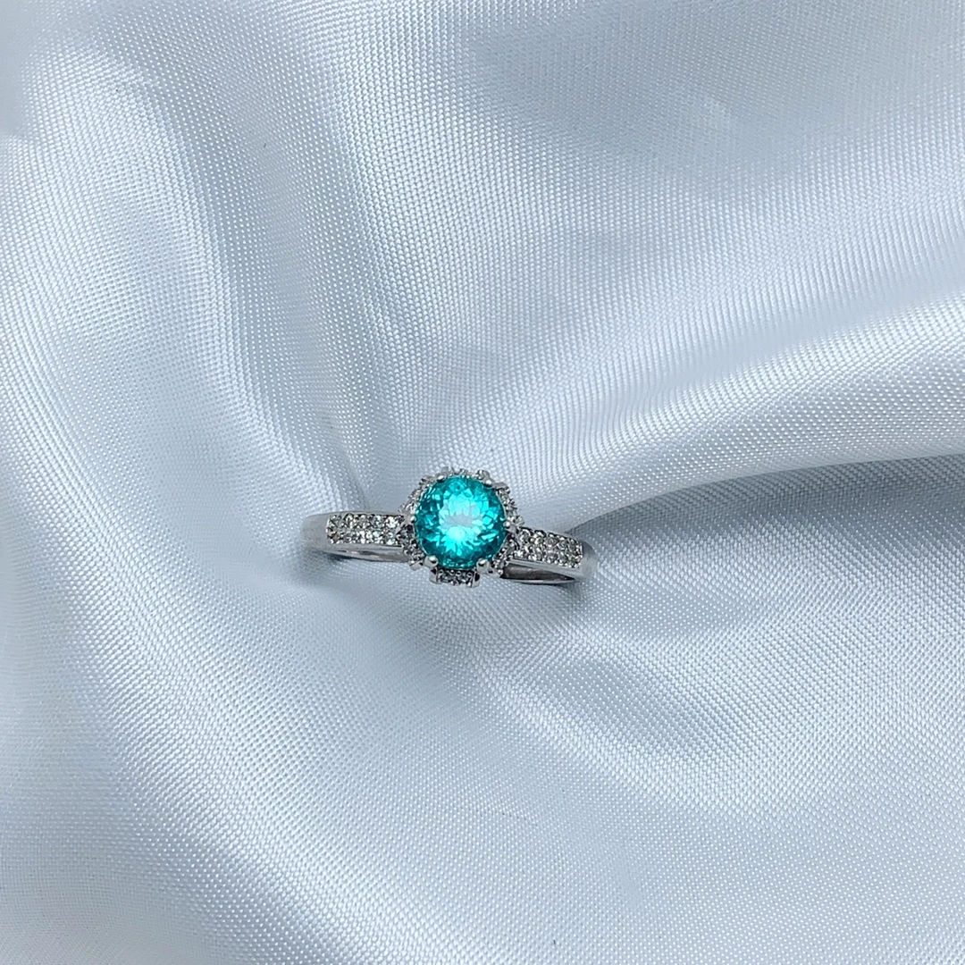 【镜湖磷渊】天然磷灰石戒指925银镶嵌蓝绿色帕拉伊巴色精美圆戒