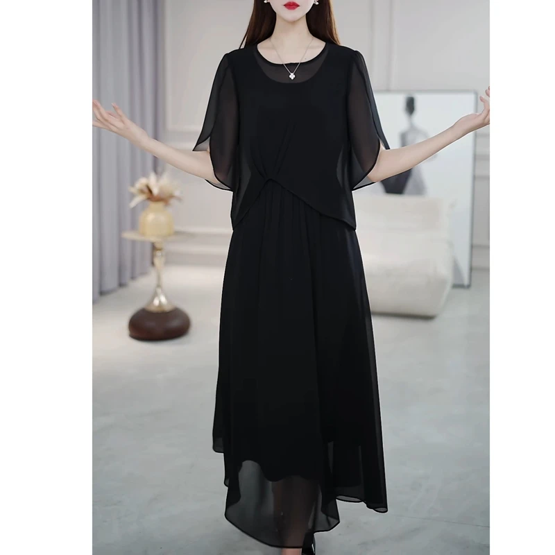 纯色假两件连衣裙2025新款女夏季今年流行爆款气质减龄高级感裙子