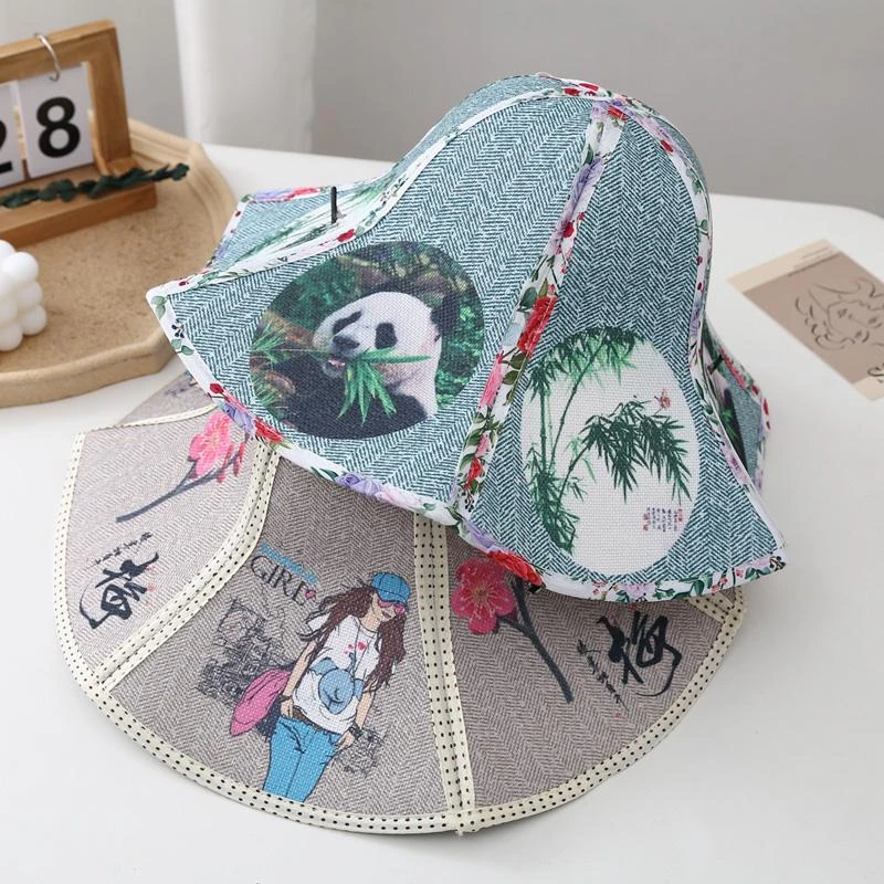 夏季遮阳帽无纺布帽可折叠户外旅游防晒双层大沿绘花大围太阳帽