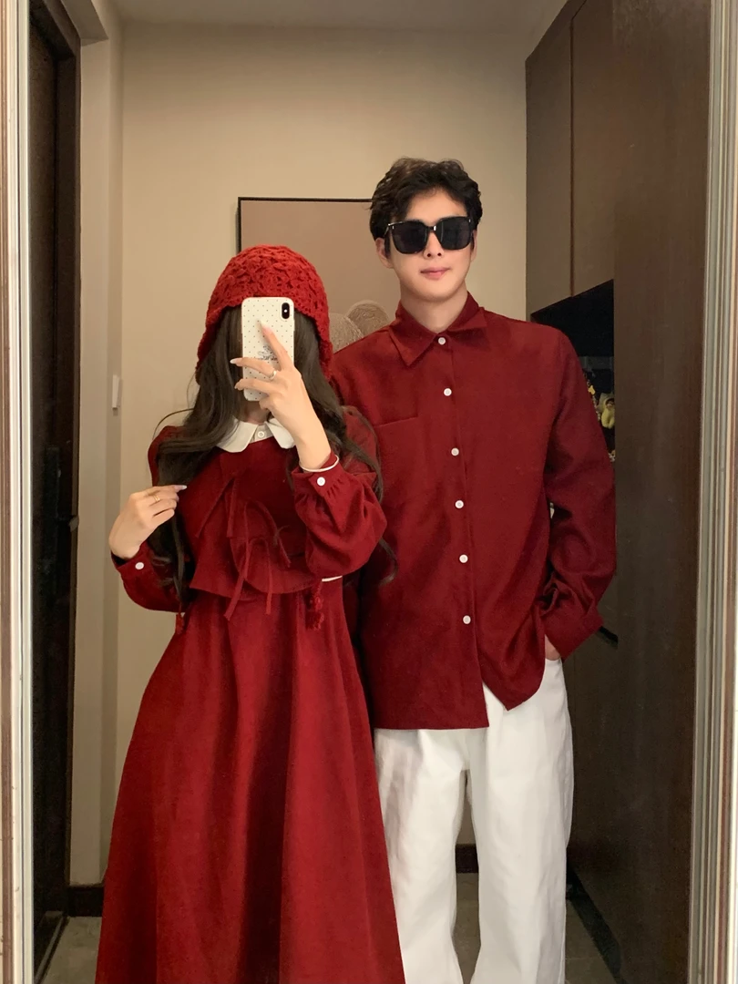 情侣装秋冬婚礼礼服新中式假两件连衣裙显瘦法式长袖娃娃领