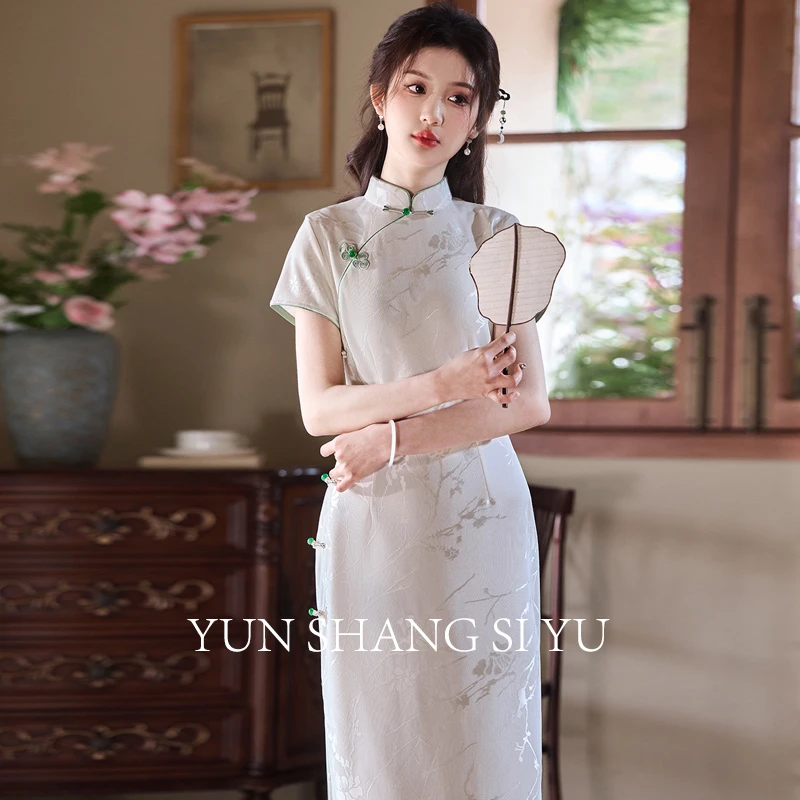 中国风提花缎复古短袖旗袍2025年春季新款改良新中式日常可穿