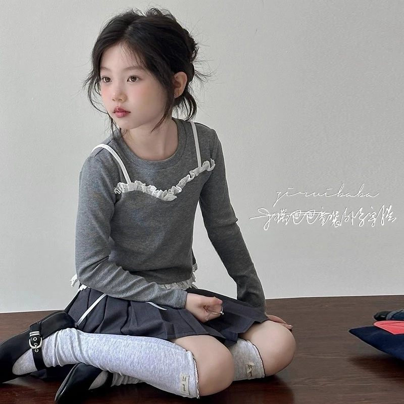 女童春秋t恤2025新款小女孩高级感长袖上衣儿童洋气假两件打底衫