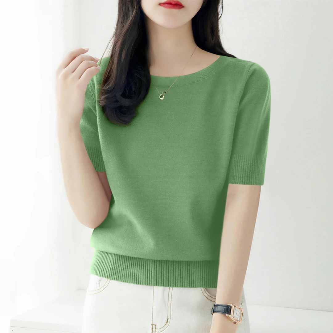 薄款高级套头显瘦t恤上衣新款夏季宽松时尚短袖针织衫女装女士