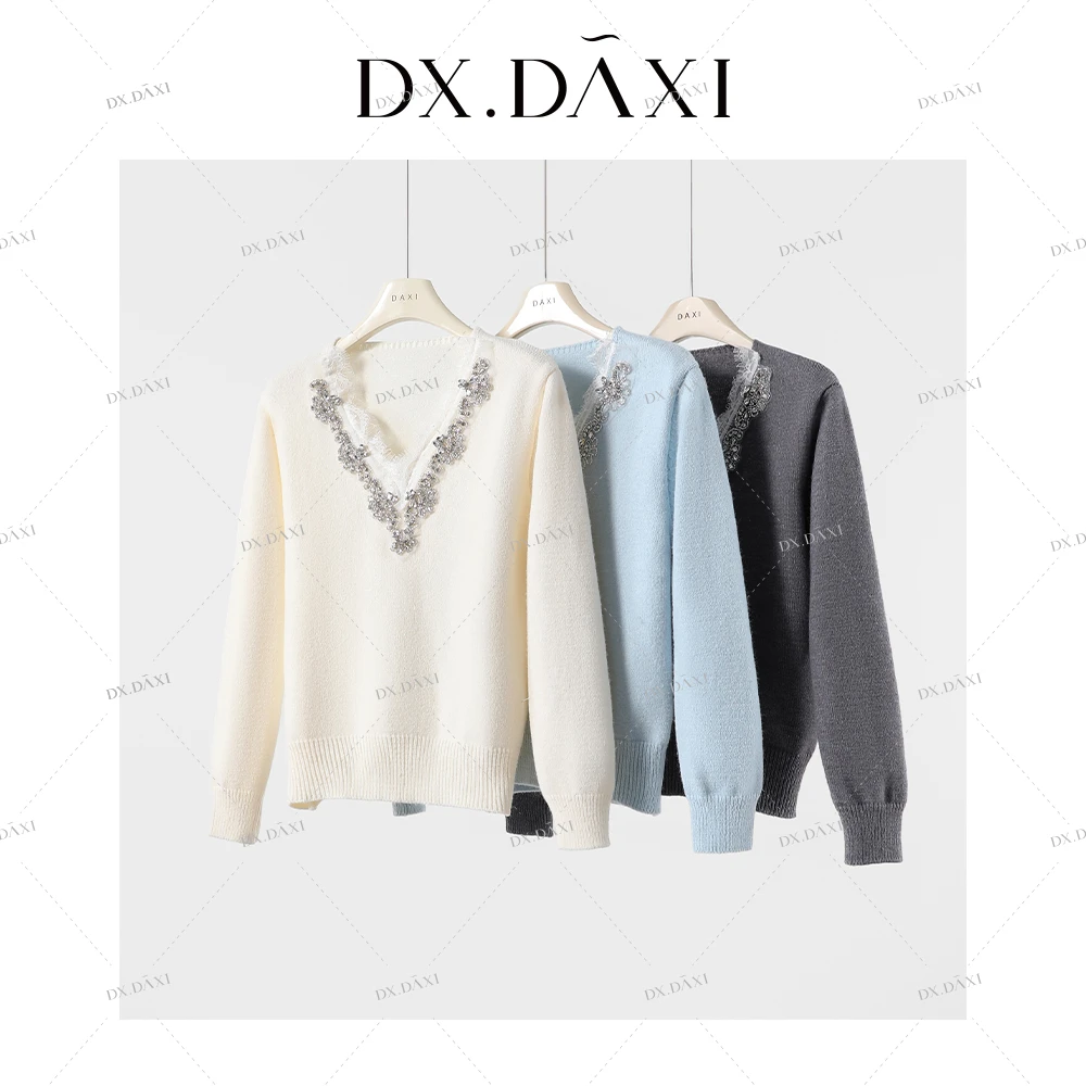 DX.DAXI【晚宴流光】2025新款重工精致蕾丝针织毛衫V领毛衣女