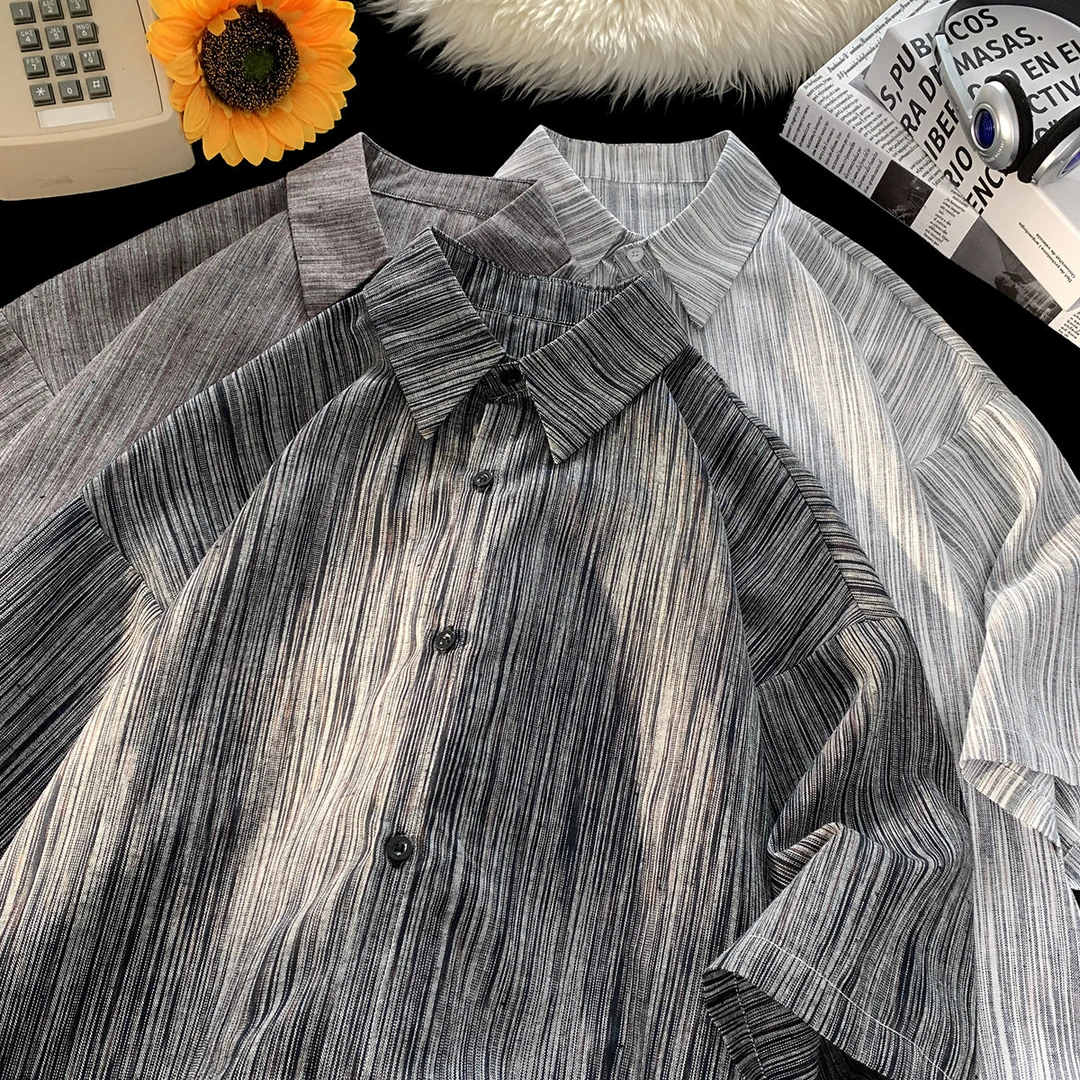 宽松加肥胖子大码300斤条纹理短袖衬衫男款夏季潮牌休闲半袖上衣