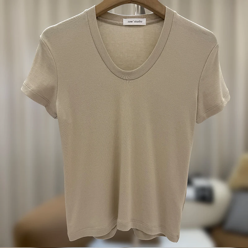 大码女装正肩U领短袖t恤大领口胖mm洋气遮肉上衣巨显瘦25268