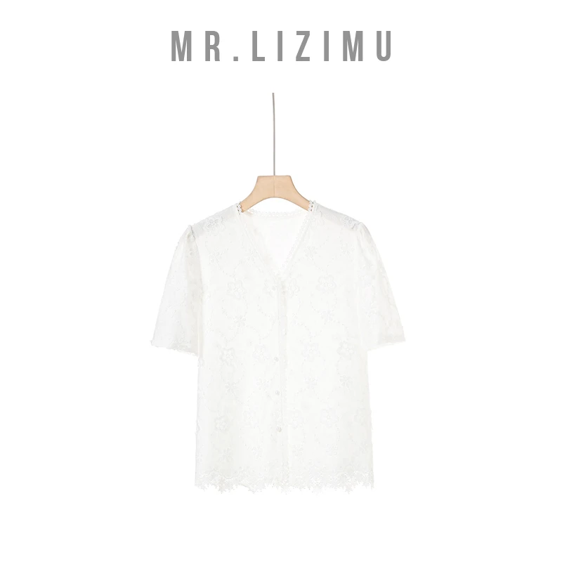 李子木先生法式花边V领花朵短袖衬衫女款爆款2025新款夏季新中式
