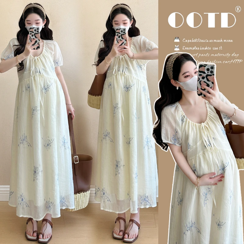 孕妇2025夏韩版时尚重工刺绣蒲公英花朵显瘦减龄孕妇连衣裙-7515