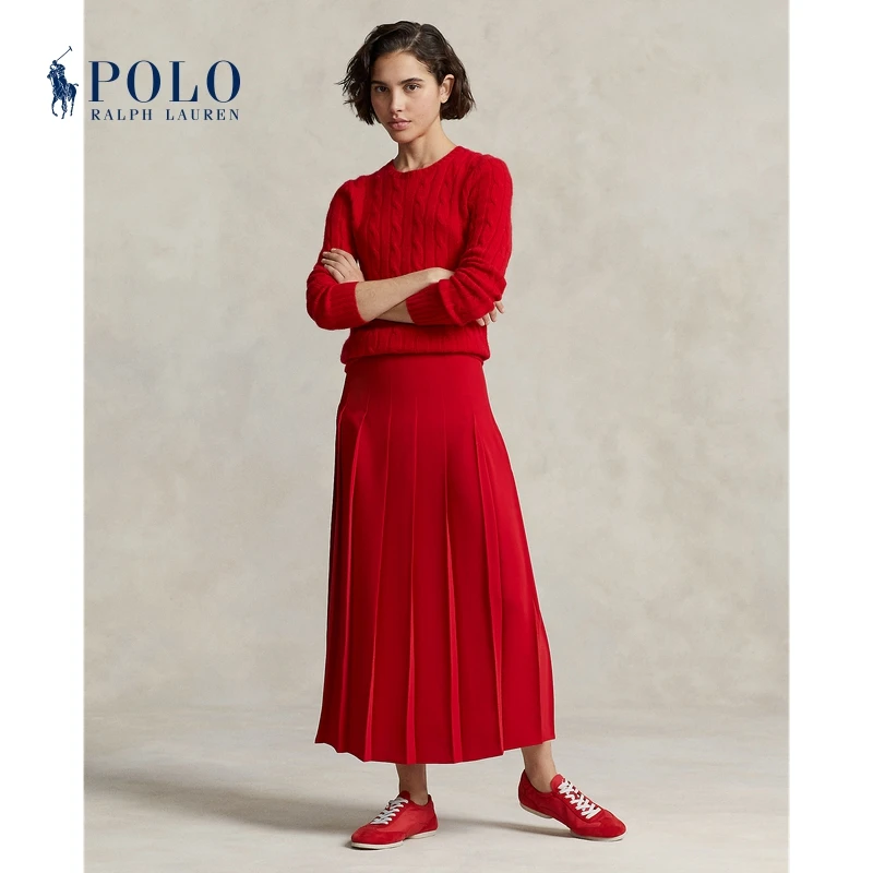 Ralph Lauren/拉夫劳伦女装 经典款缎纹褶裥A字型迷笛半身裙