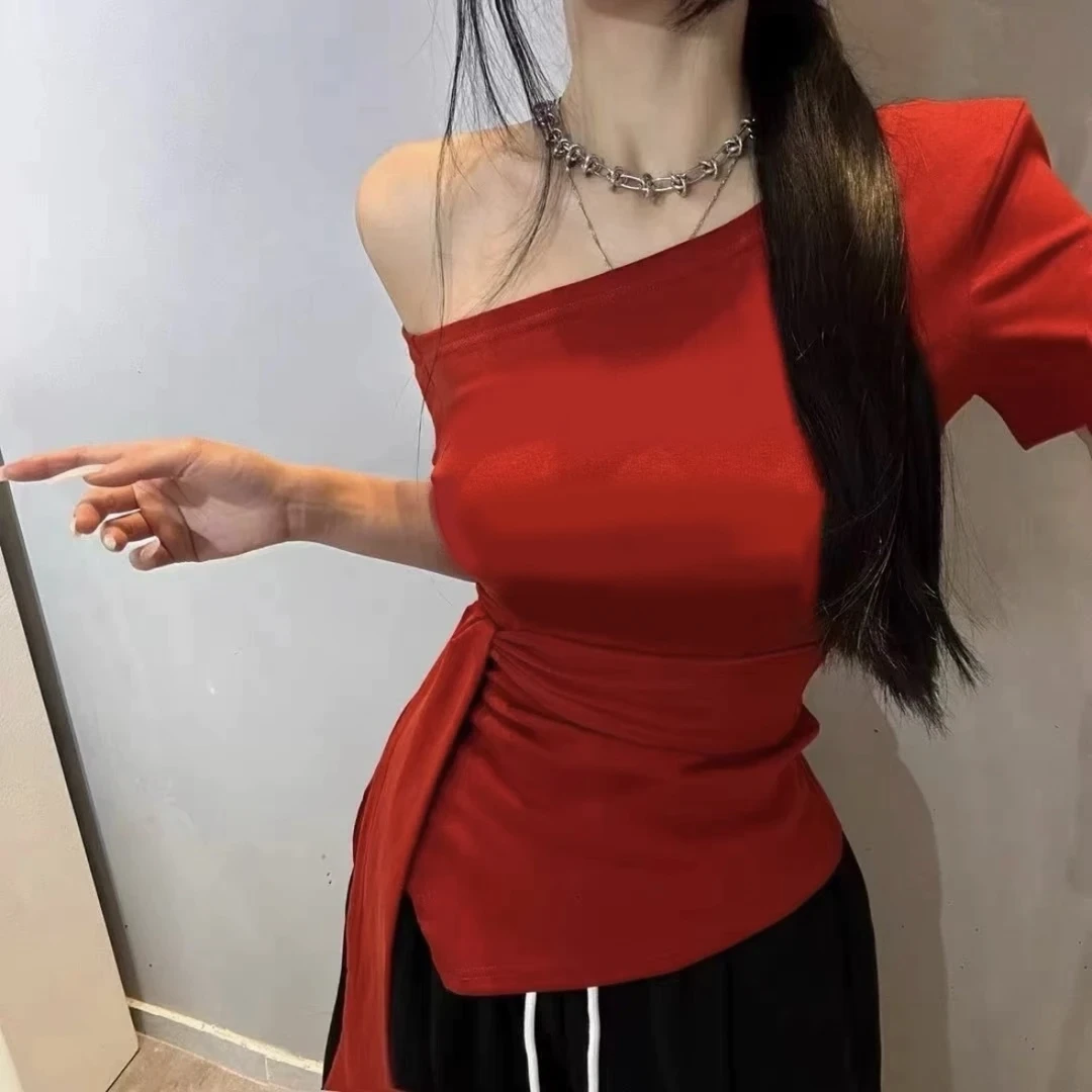2025 (200-400)辣妹女装一字肩斜肩正肩短袖t恤女夏季设计感气质
