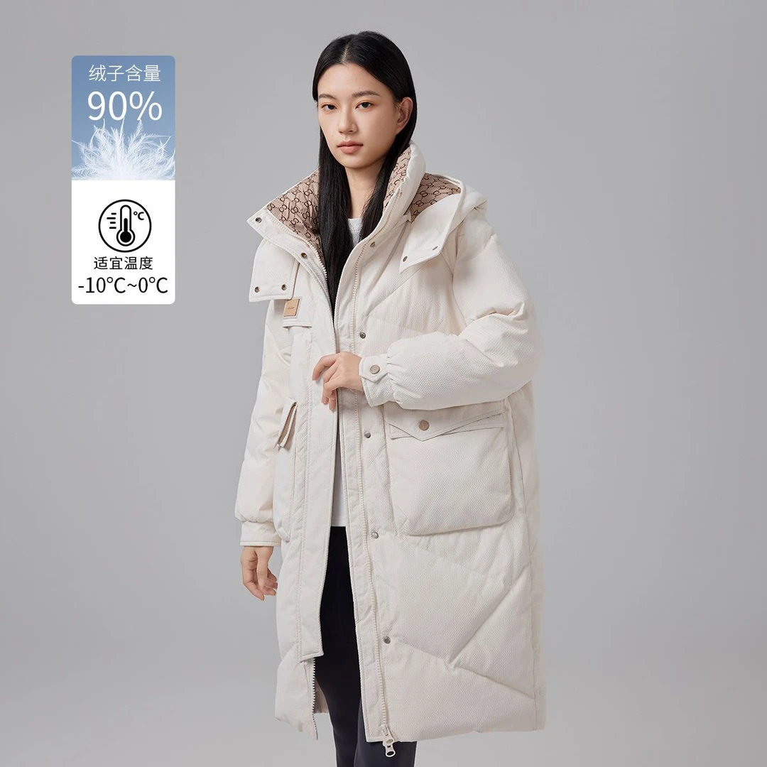 茵曼反季清仓中长款保暖羽绒服女舒适韩版通勤宽松加厚连帽外套