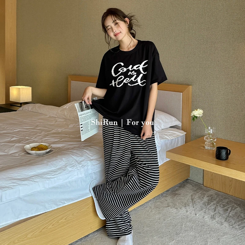 拾润夏季睡衣女套装休闲简约字母印花条纹家居服纯棉柔软舒适