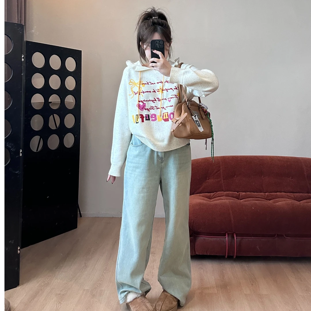 晶咕【奶油糖霜】宽松潮流大版慵懒美式复古连帽针织毛衣