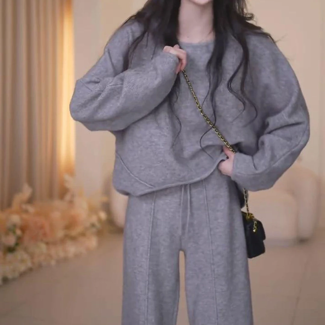 韩时尚宽松遮肉圆领卫衣+阔腿直筒裤两件套2025秋冬新款纯色套装