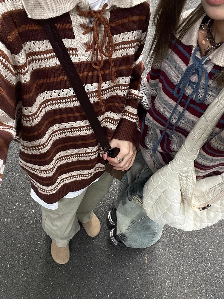 美式复古慵懒风条纹撞色Polo领绑带针织毛衣男士春秋宽