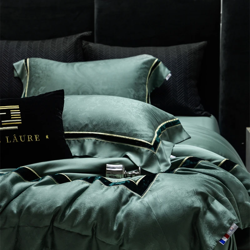 高奢超柔兰精天丝四件套提花纯色冰丝被套罩夏季凉感床单床上用品