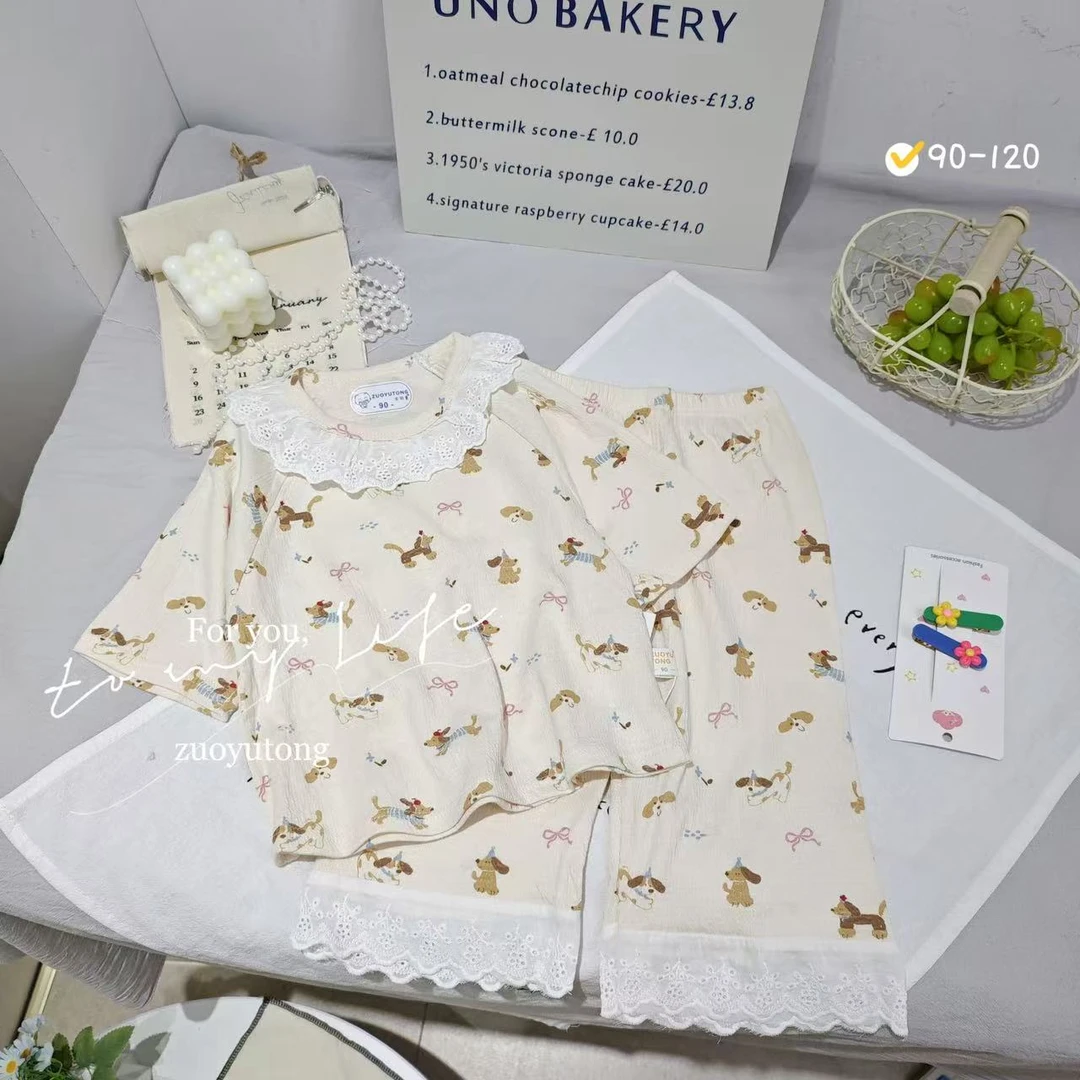 8220夏款皱皱棉花边七分袖新款女童家居服薄款睡衣空调服女孩