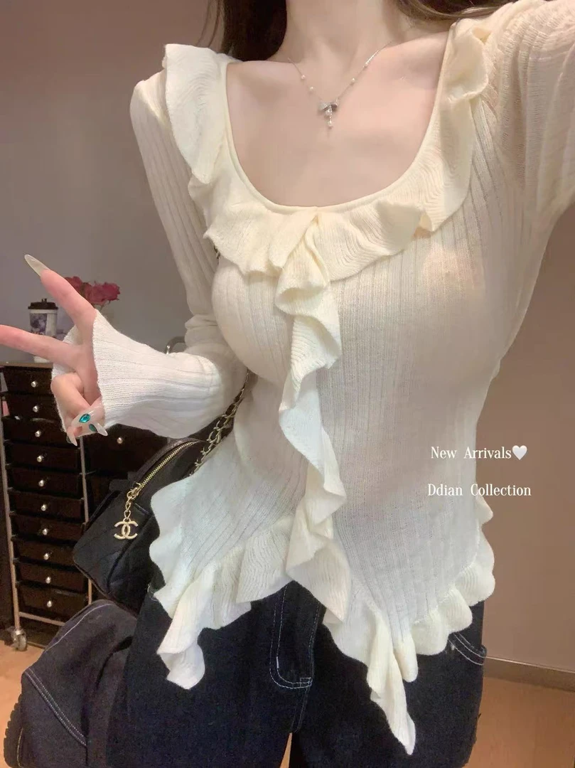 荷叶边气质v领修身针织衫女辣妹秋冬洋气纯欲风打底内搭长袖上衣