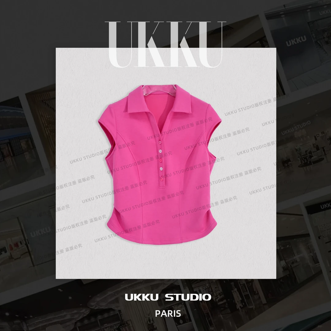 文文【UKKU SKUDIO】小众简约排扣小飞袖翻领短袖显瘦上衣514296