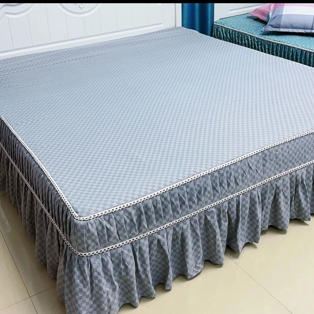 棋盘格灰保护套床套罩8枕套优等品床笠家用床罩床盖高档花边床单