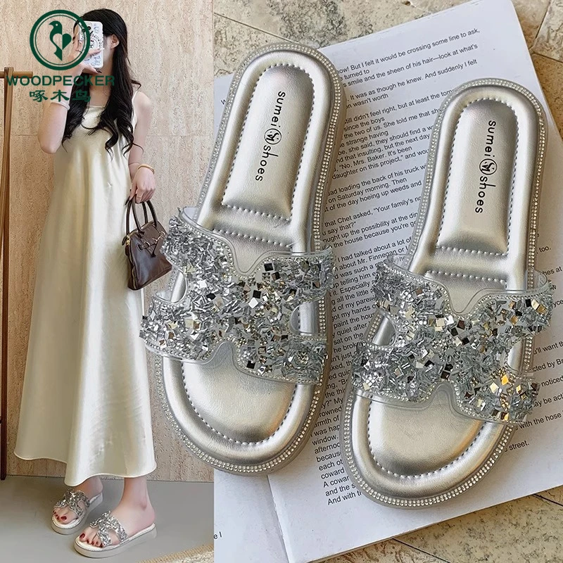 啄木鸟水钻凉拖鞋女夏外穿2025新款配裙子时尚厚底防滑沙滩一字拖
