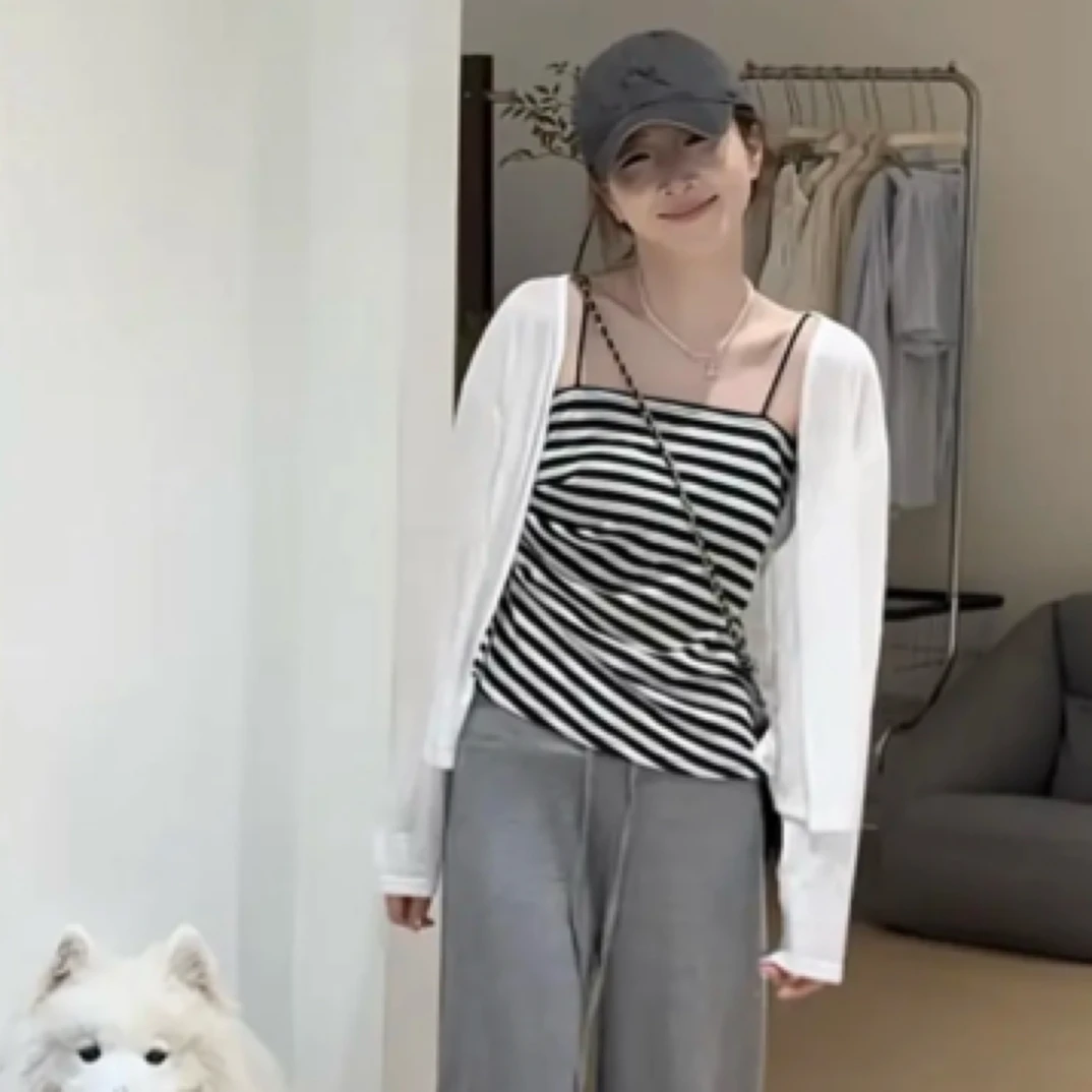 纯欲复古条纹抹胸吊带背心+韩版纯色长袖防晒开衫外套两件套女