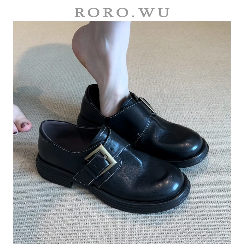 娆娆吴·水洗打蜡牛皮法式复古皮带扣小皮鞋秋冬新款厚底单鞋女E26
