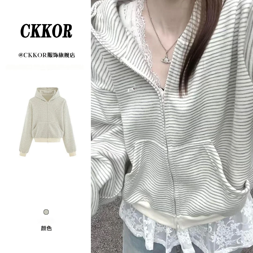 CKKOR拉链开衫条纹连帽卫衣设计感刺绣外套女秋季休闲百搭上衣潮