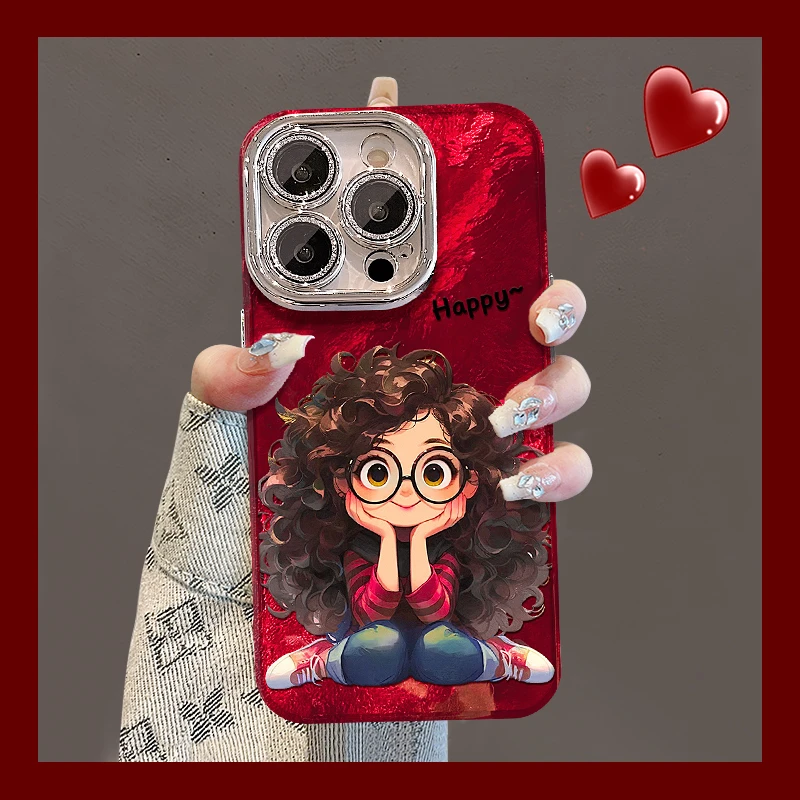 爆炸头女孩适用苹果15华为vivo/oppo小米iPhone精孔冰川纹手机壳